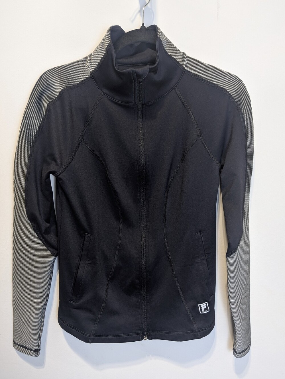 FILA Sport Women Black/Gray Solid Knit Full Zip Track Jacket Pockets Sz XS EUC